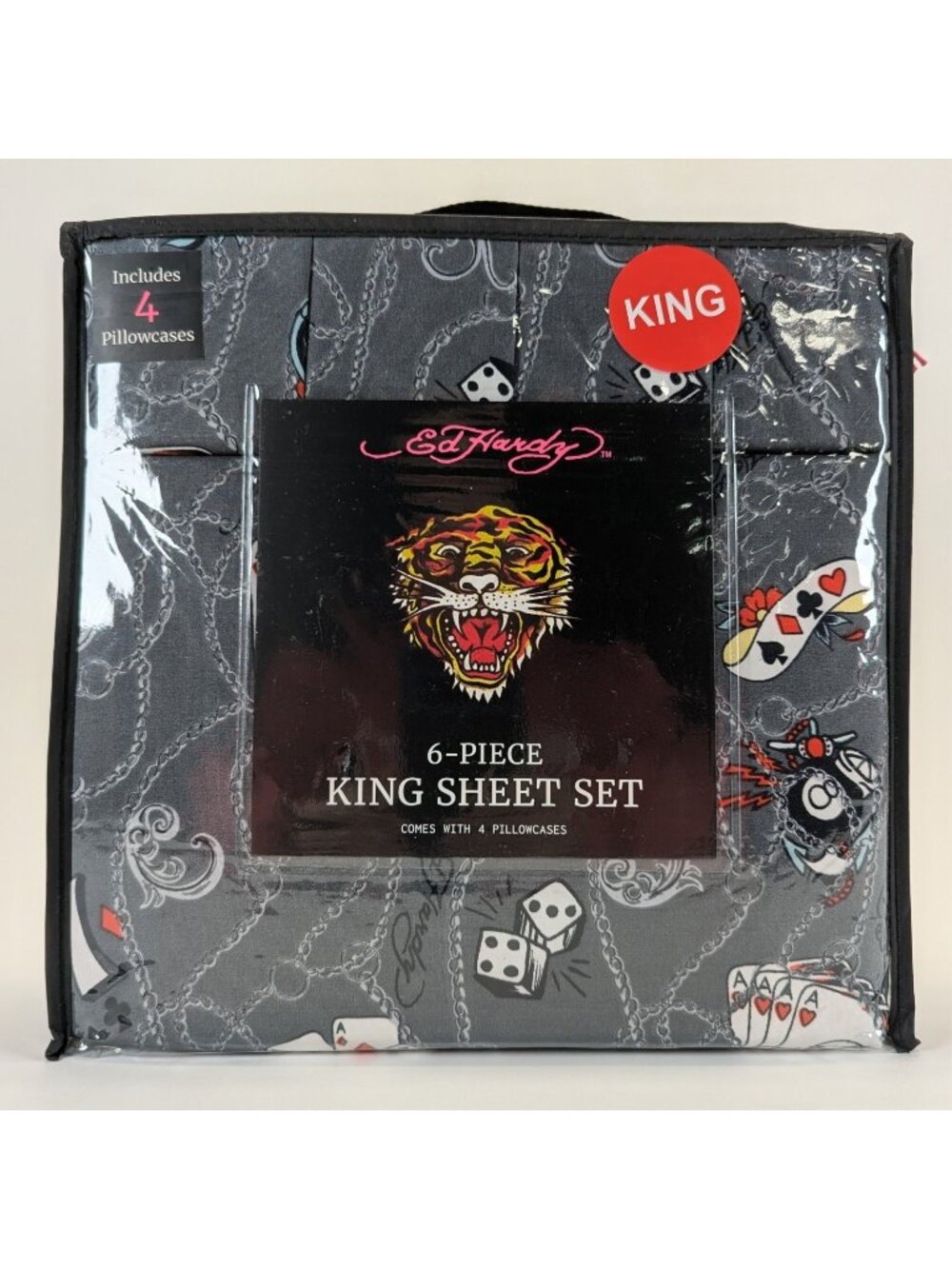 Ed Hardy King Sheet Set 6-Piece w 4 Pillowcases Gray Cards Dice Skull Sheets